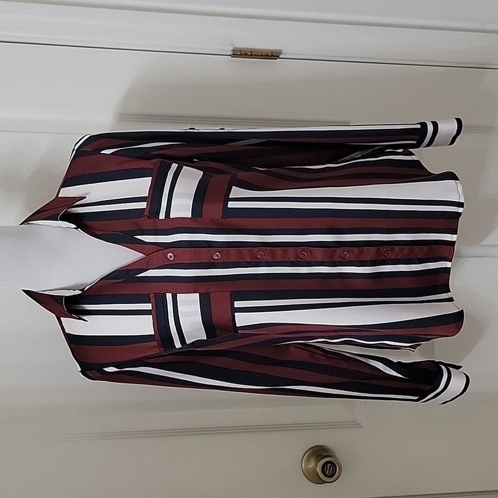 Express Size S Portofino Slim Burgundy Navy and White Striped Button Down Shirt